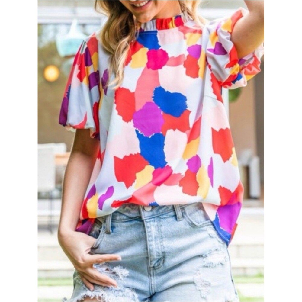 JODIFL Women S Multicolor Blouse Abstract Print Puff Sleeve Boutique Top
